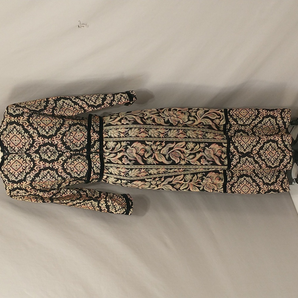 Woven Tapestry Dress Vintage OOAK Black Velvet Trim See Measure Long Sleeve Maxi - Picture 8 of 15